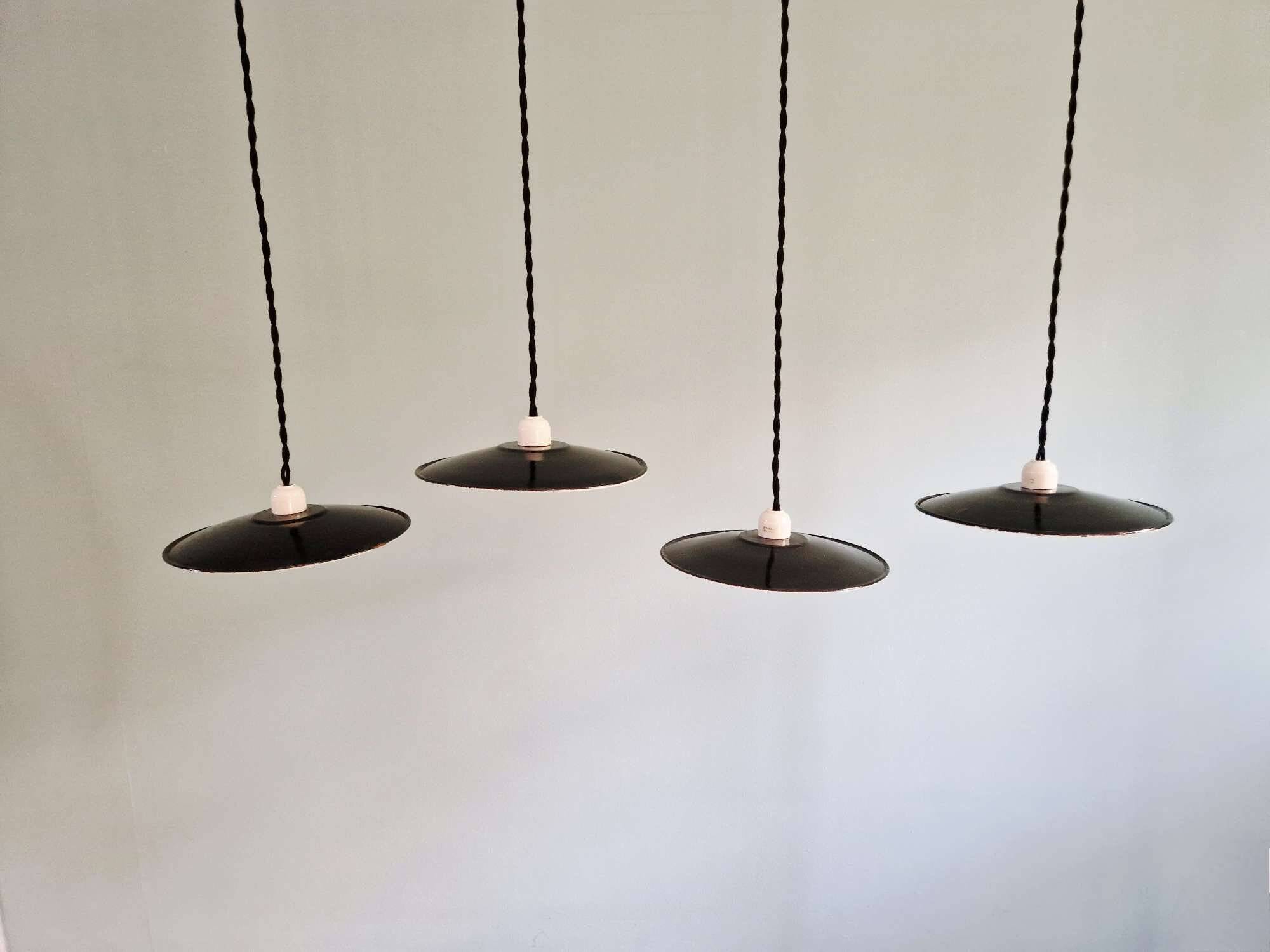 Set of 4 industrial pendant lights in black and white enamelled sheet metal