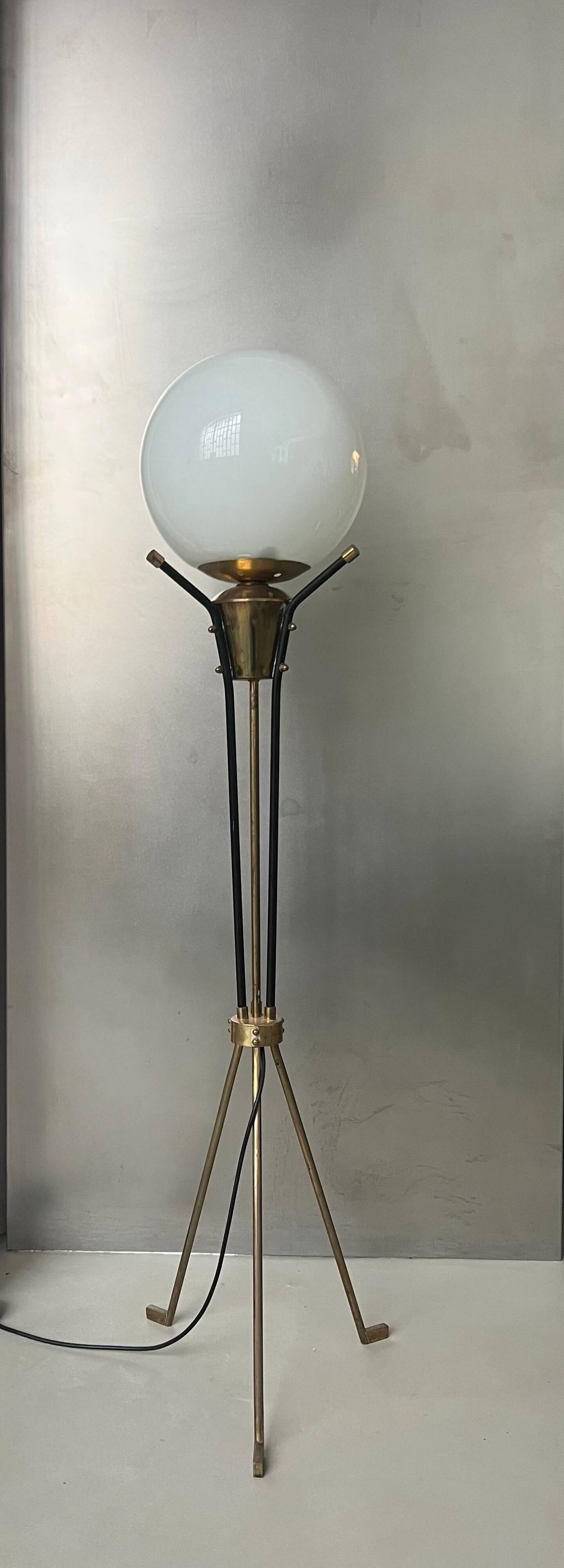 Vintage Italian Brass Floor Lamp in the style of Stilnovo, three legs, opaline