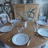 Round table with pearl gray patinated oak base, wooden top.