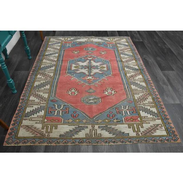 1970s Vintage Turkish Handmade Wool & Cotton Pink Area Rug 155x209