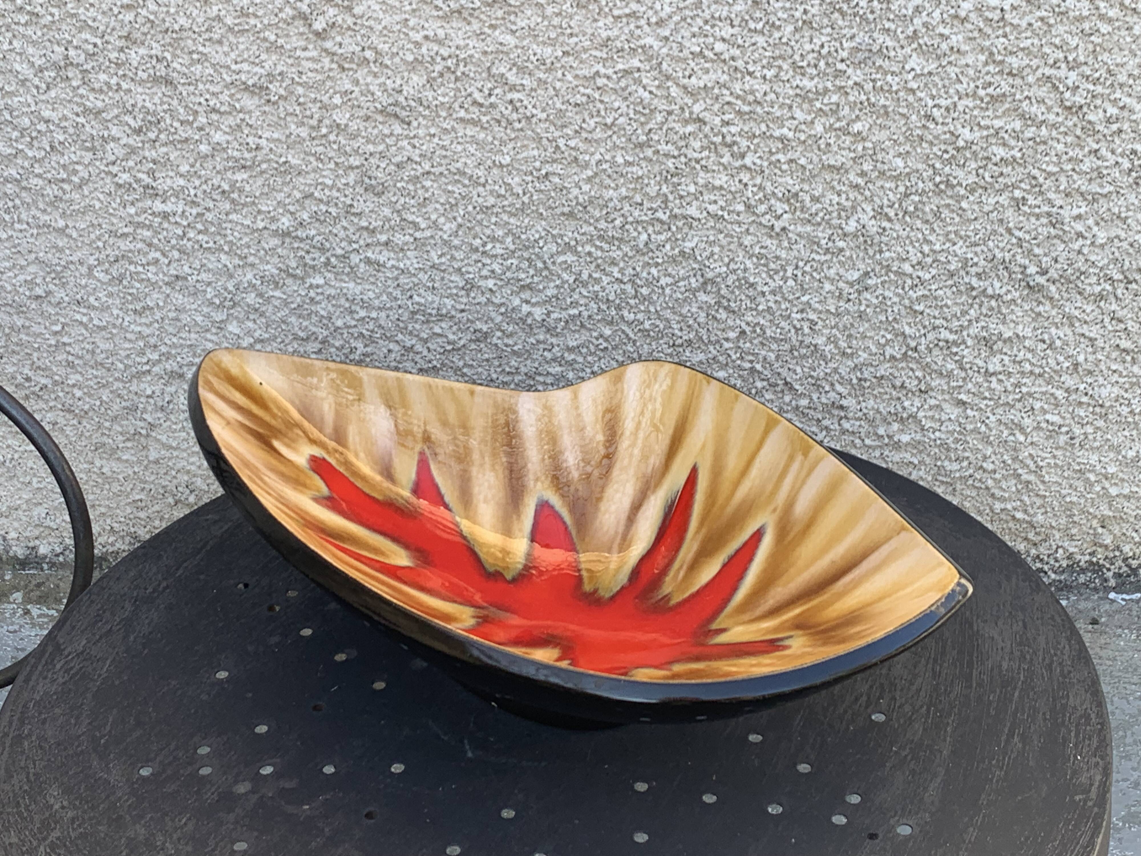 Fruit bowl in glazed ceramic, red design motif, Vallauris, vintage
