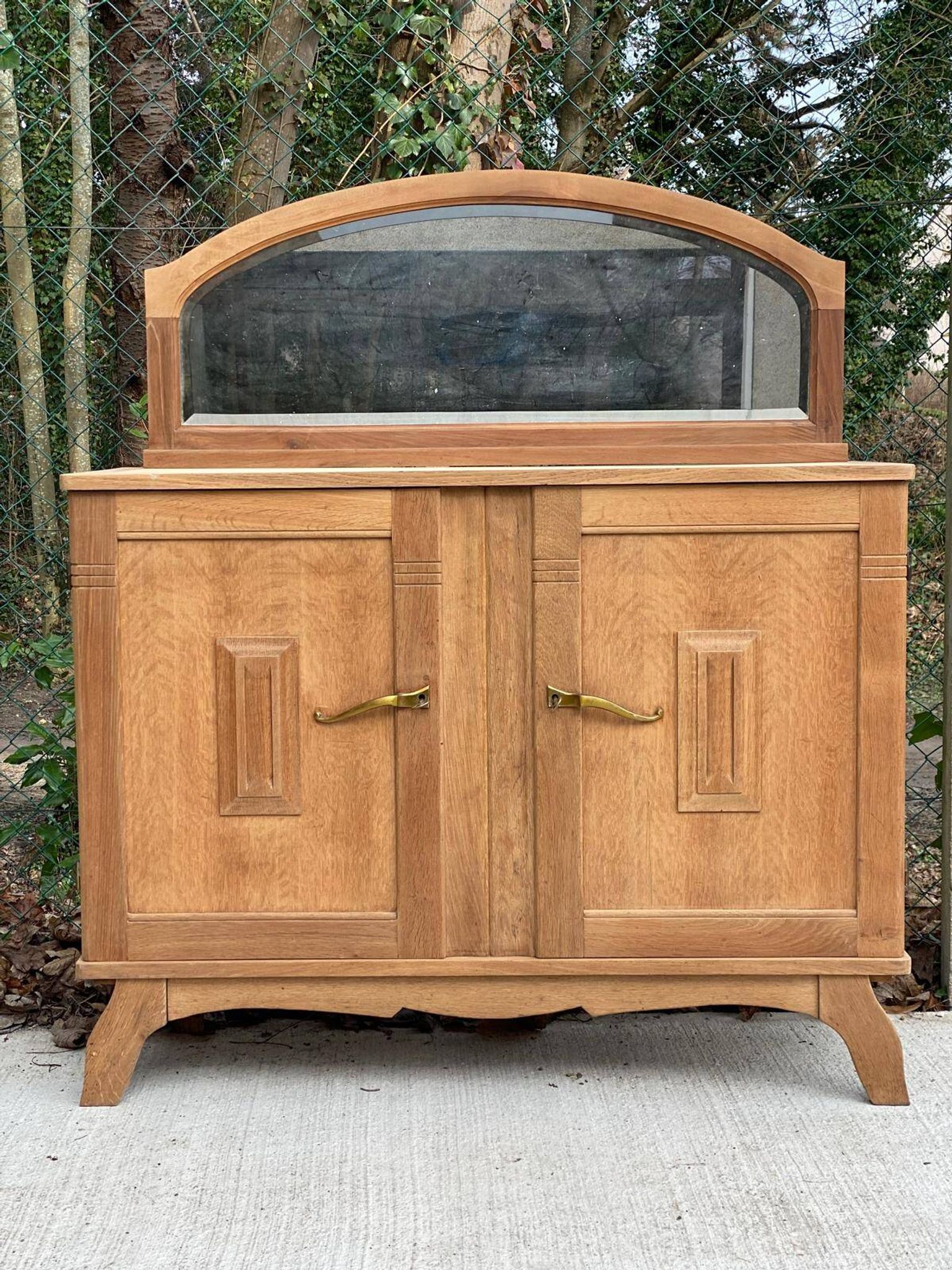 Art Deco mirror in carved arch renovated in solid raw oak wood 112cm