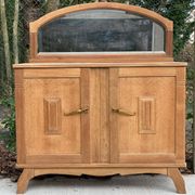 Art Deco mirror in carved arch renovated in solid raw oak wood 112cm