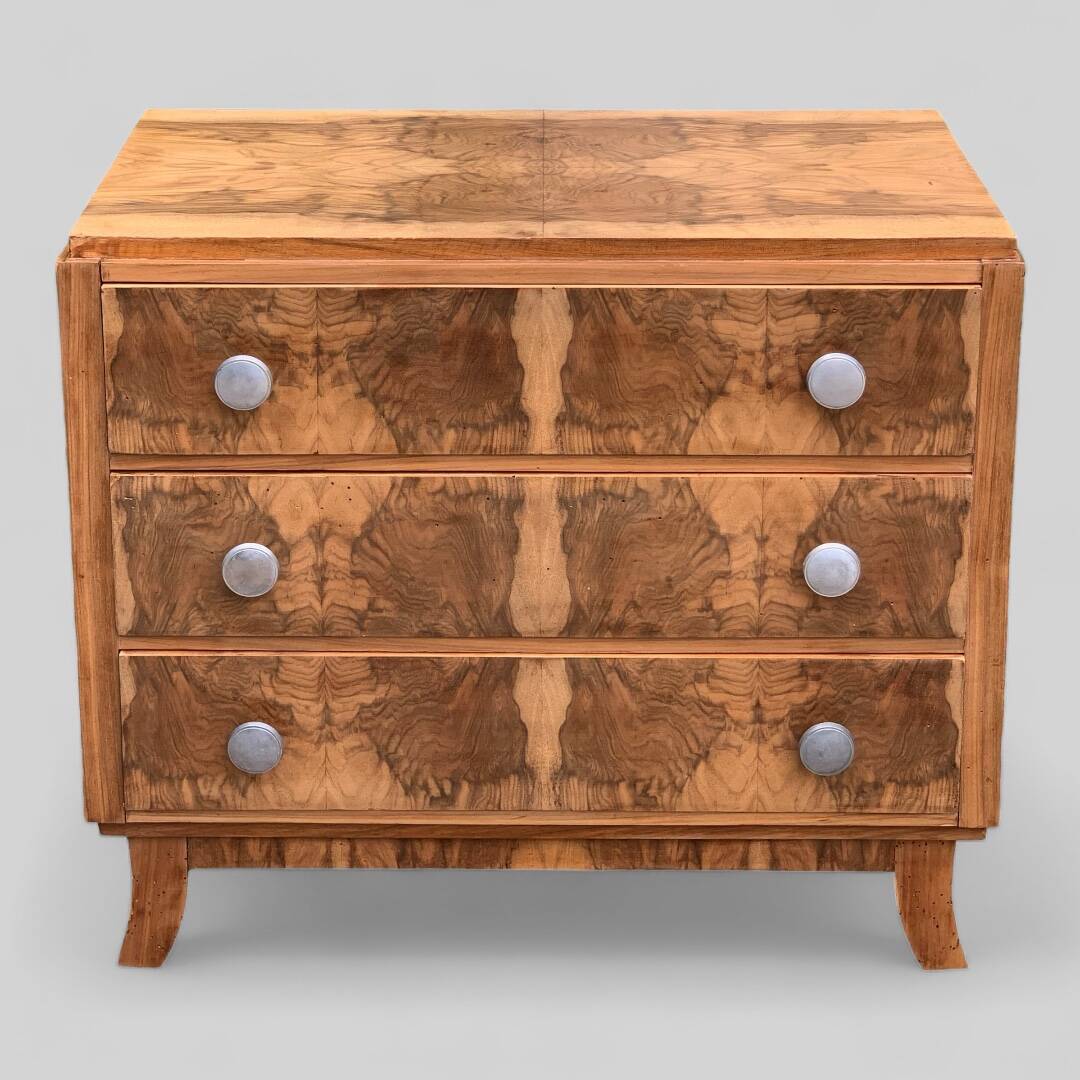 Art Deco chest of drawers in raw walnut burl