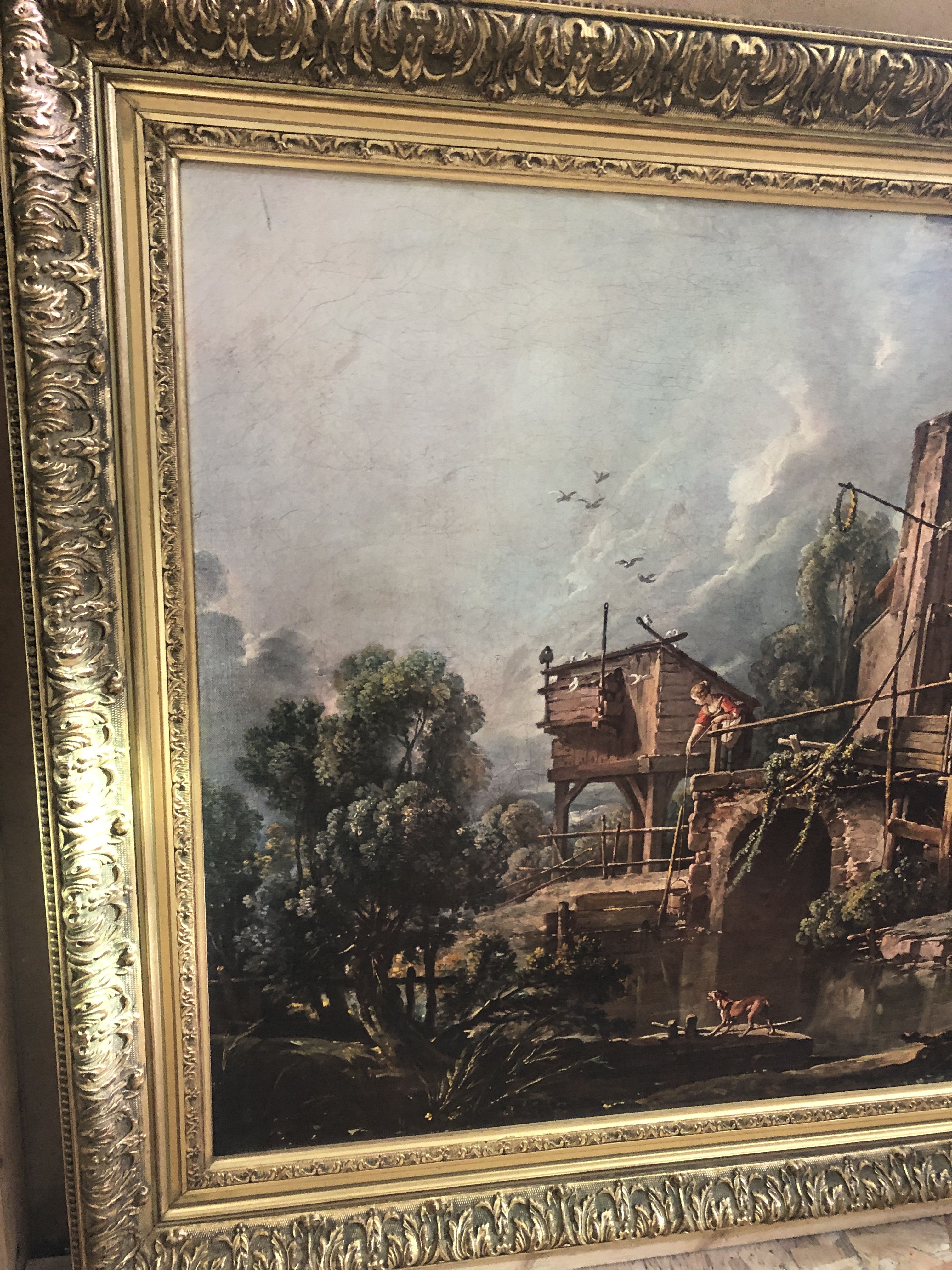 Old painting print on canvas + frame carved wood Gilded Vintage