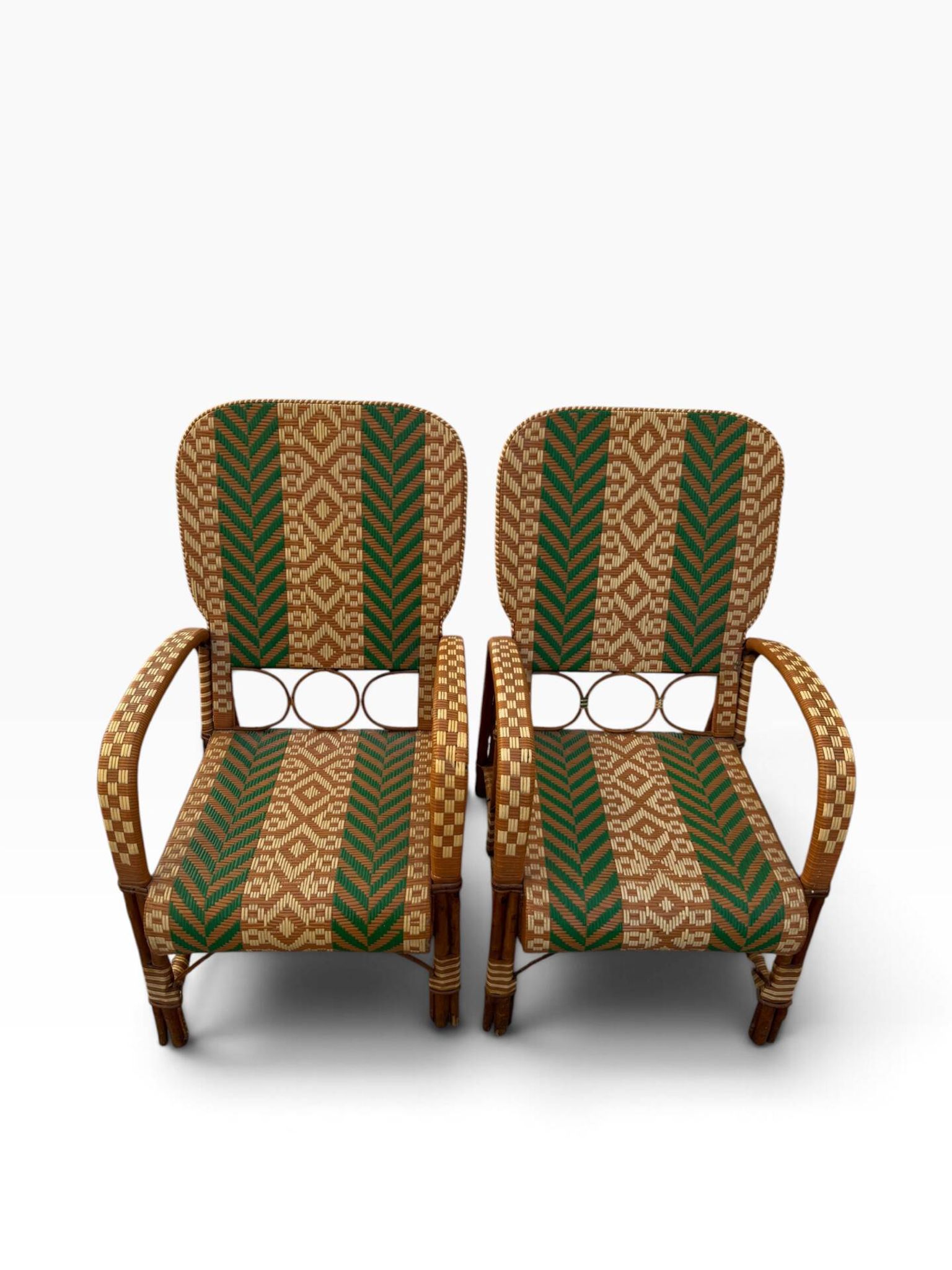 Fauteuils en rotin éclissé style Audoux Minet des années 50 F