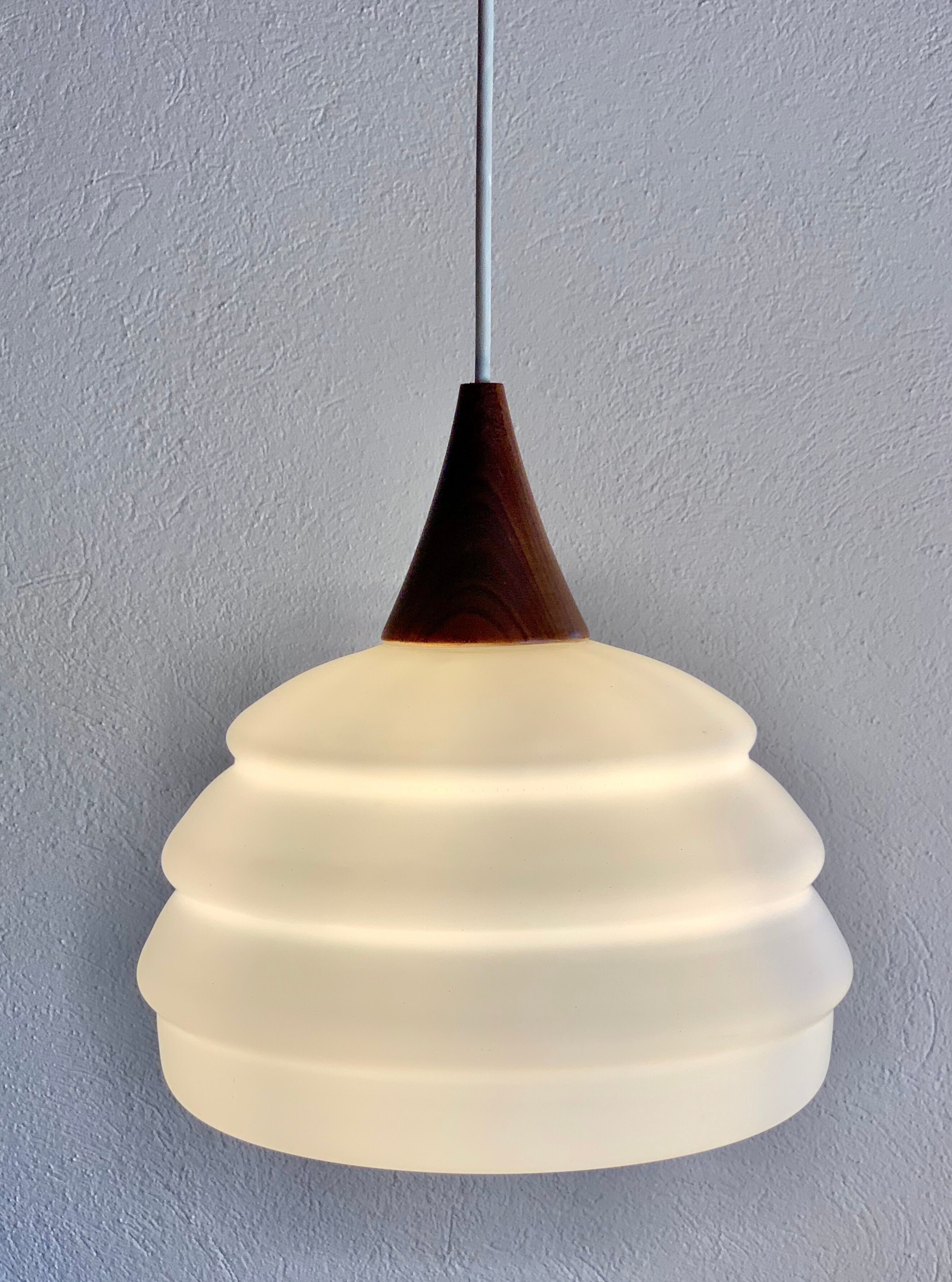 Vintage teak and opaline pendant lamp by Louis Kalff for Philips