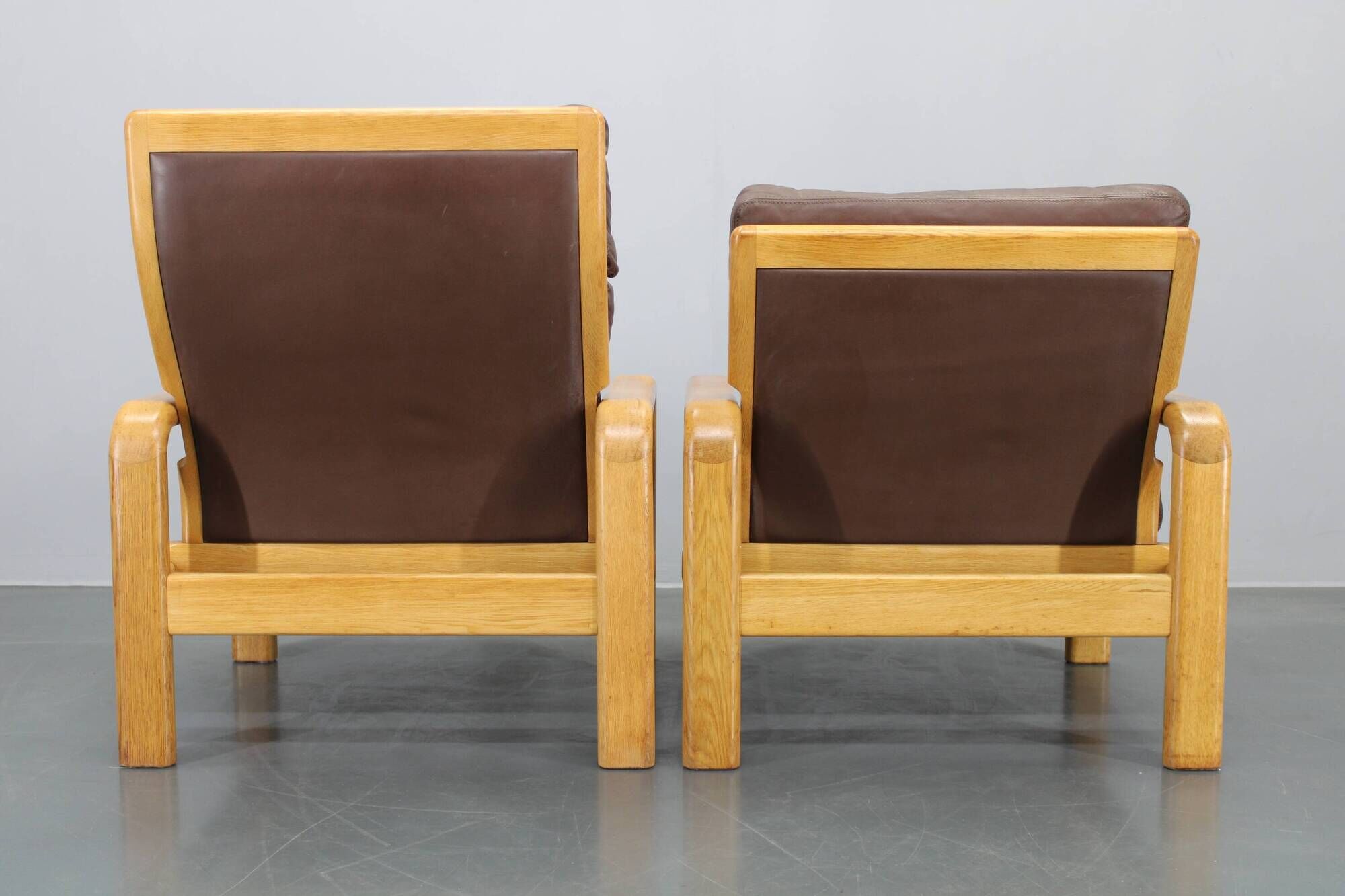1970s L. Olsen & Søn Pair of Armchairs in Oak and Leather, Denmark