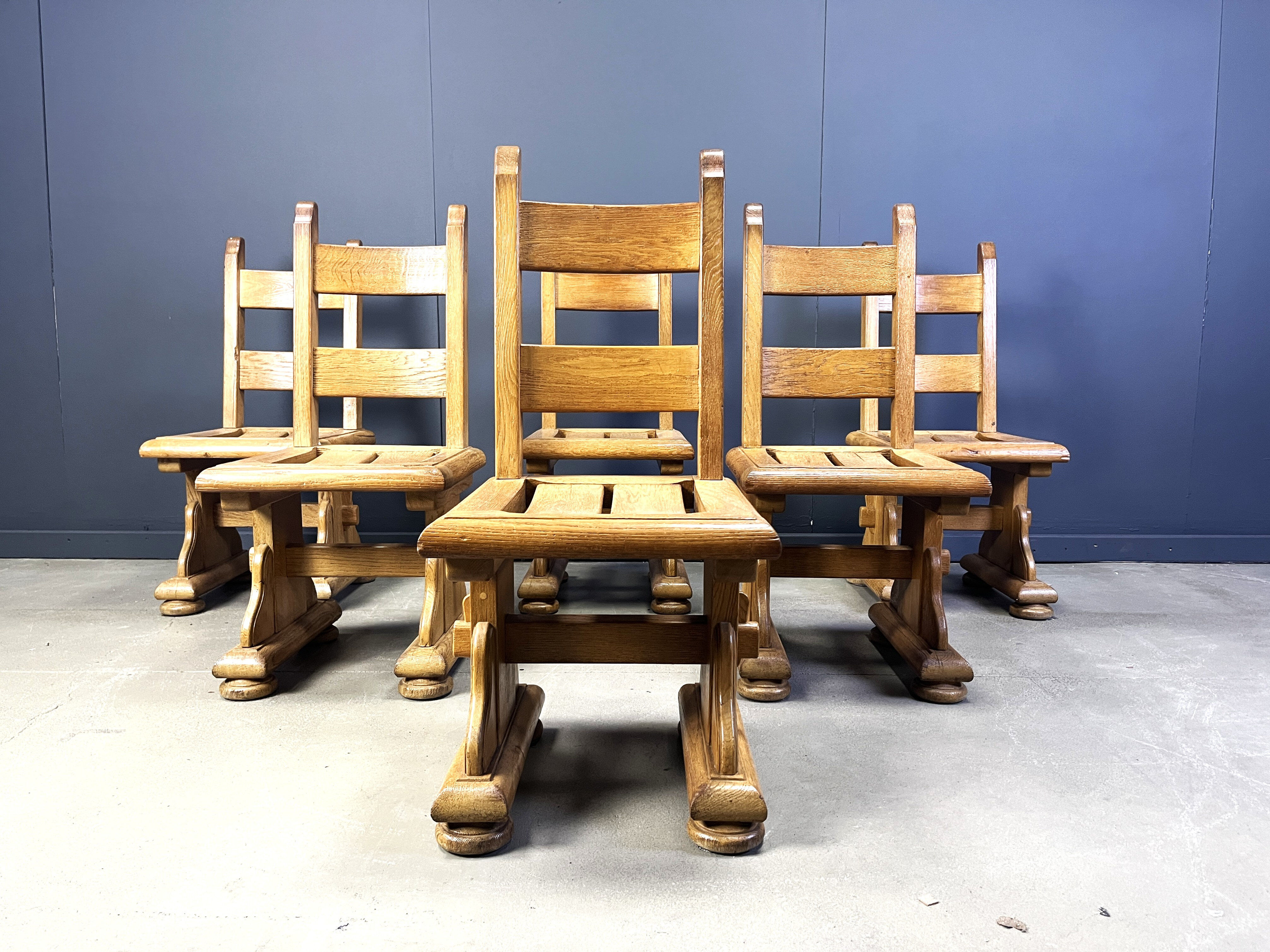 Solid oak brutalist dining chairs, 1960s