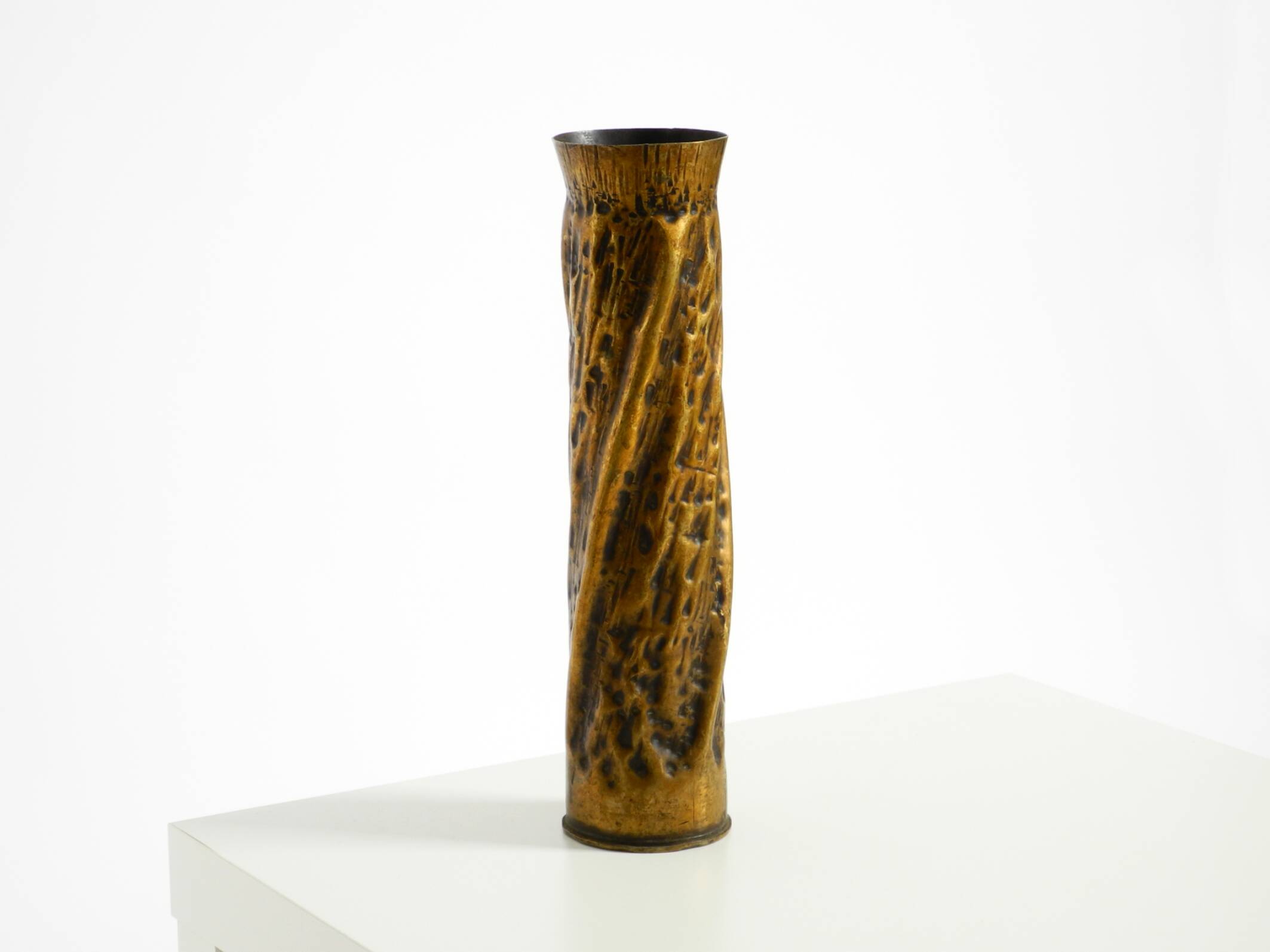 Unique large brass vase in a Brutalist design, handcrafted in December 1975