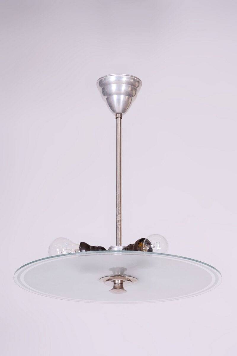 Bauhaus Chandelier in Chrome, Steel and Frosted Glass, Czech, 1930s