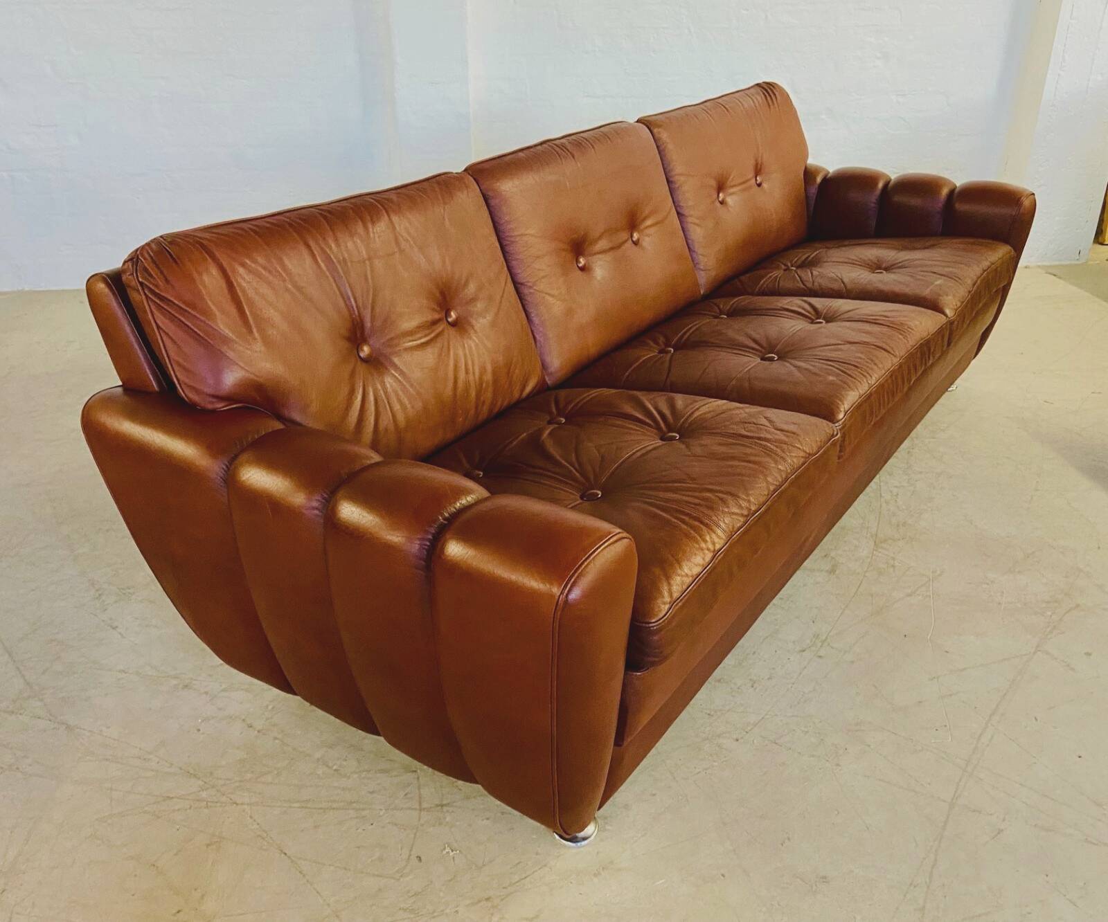 Retro vintage Danish 3 person Svend Skipper sofa in chestnut brown leather