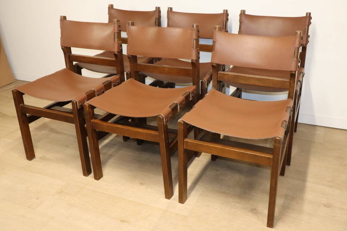Series of 6 vintage Maison Regain chairs in leather and wood, 1960s