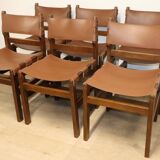 Series of 6 vintage Maison Regain chairs in leather and wood, 1960s
