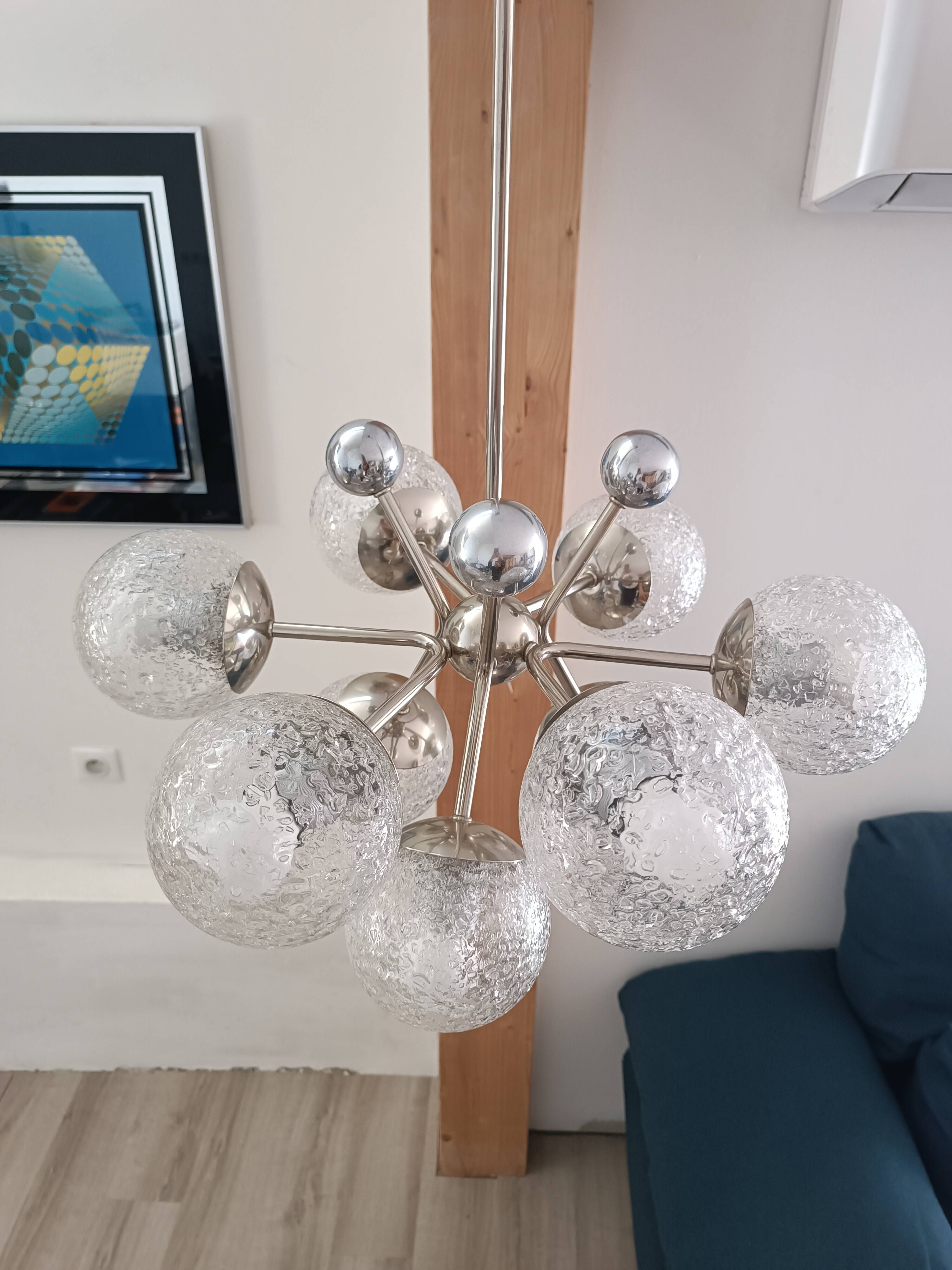 Lustre scandinave spoutnik atomic ice glass 1970s