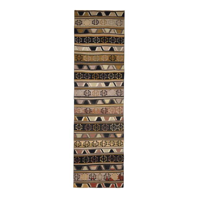 1970s Turkish Oushak Handmade Wool Cotton Brown Kilim Runner Rug 114x452