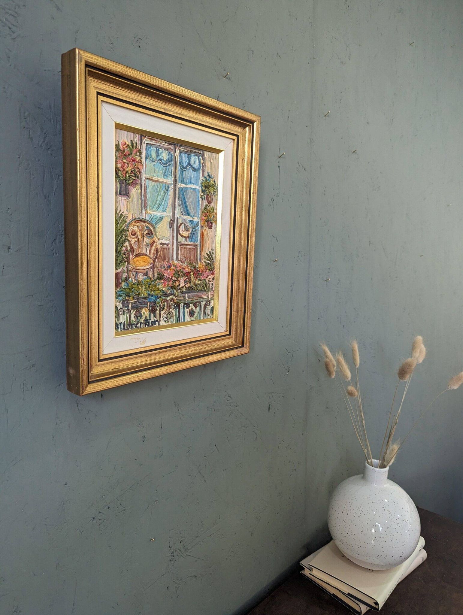 Mid-Century Modern Swedish "Balcony Garden" Vintage Oil Painting, Framed
