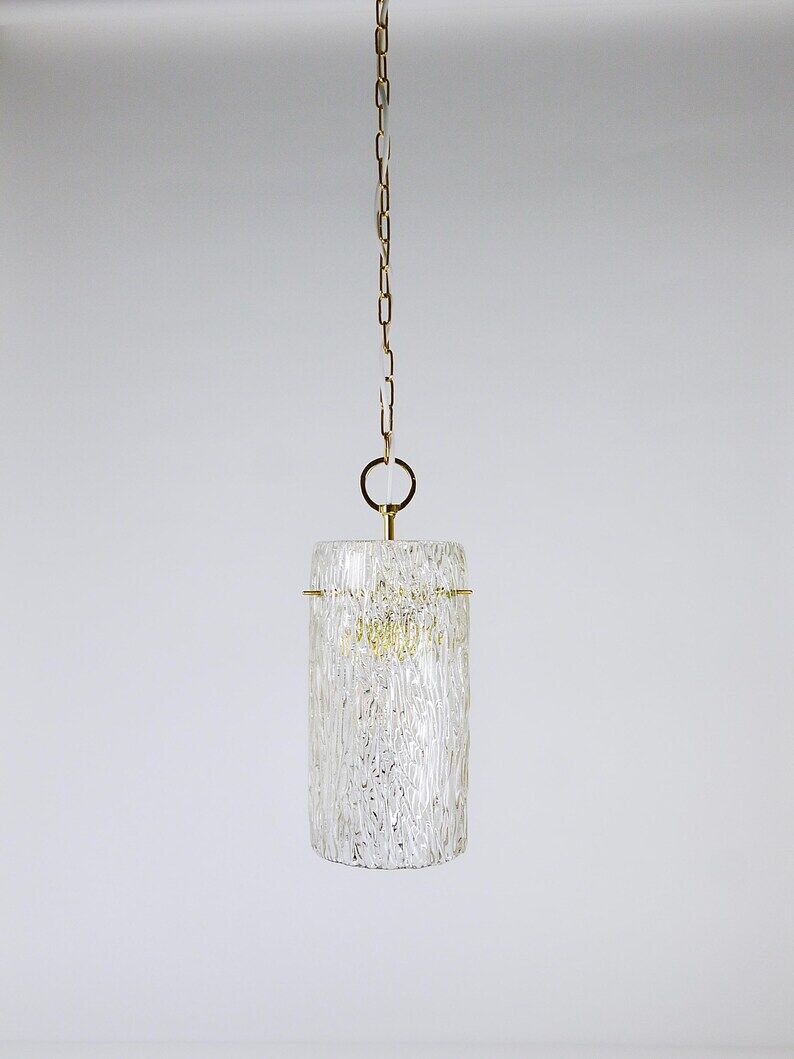 J.T. Kalmar Vienna Midcentury Textured Ice Glass Tube Brass Pendant Lamp, Austria, 1950s