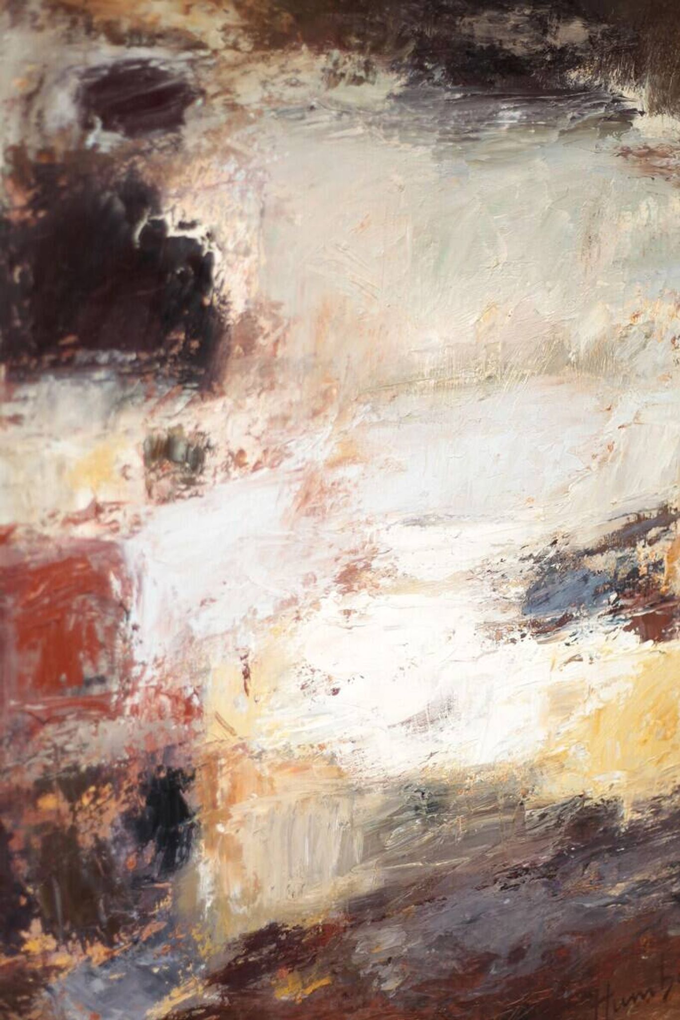 Oil on canvas signed Monique Humbert, abstract composition, wall painting, interior decoration.