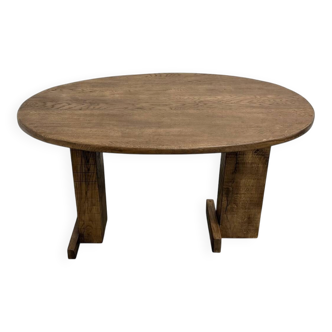 Oval table with T-shaped legs, solid oak, student woodworking project.