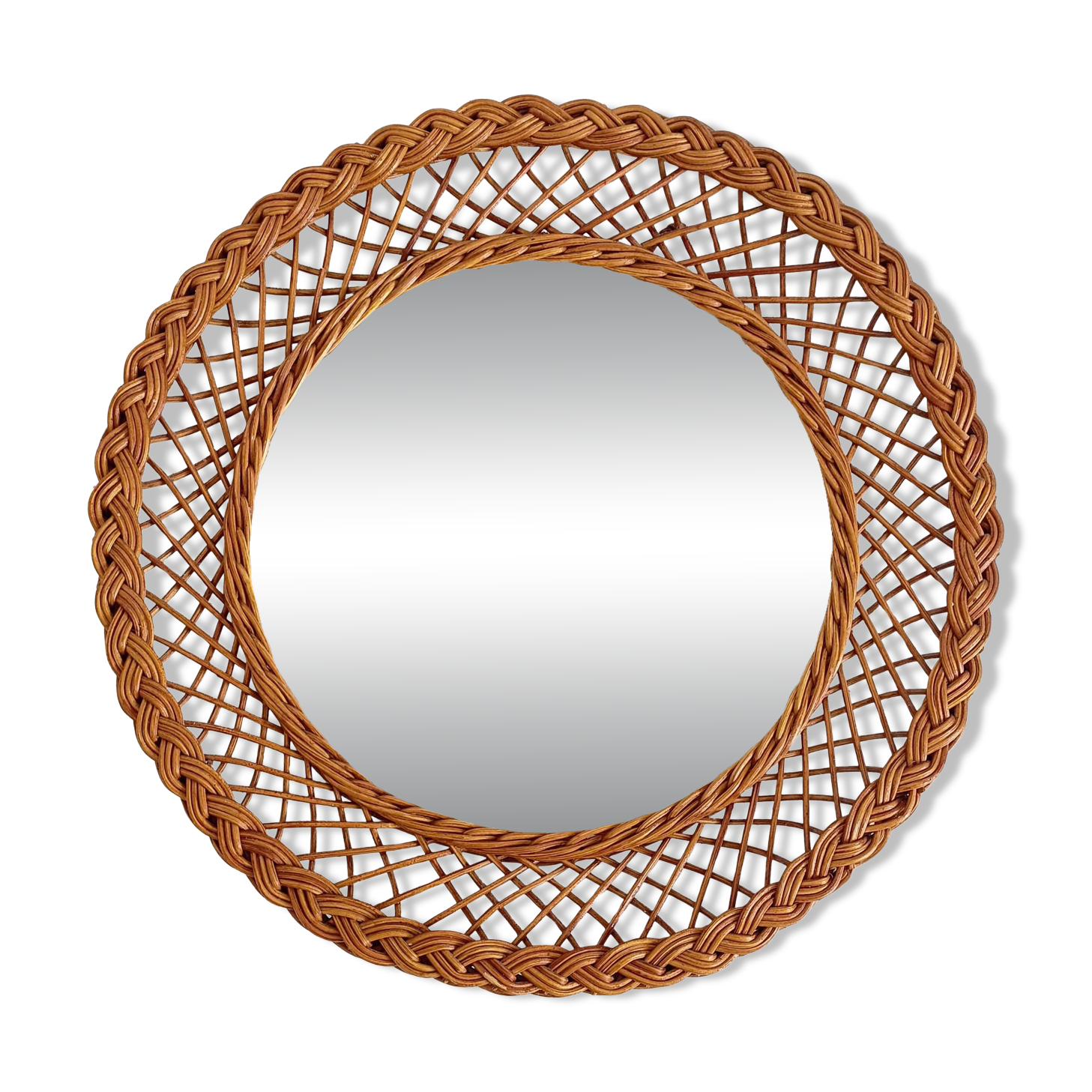 Rustic French Provence Wicker Round Mirror, Organic Modern, Handmade, France
