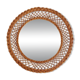Rustic French Provence Wicker Round Mirror, Organic Modern, Handmade, France