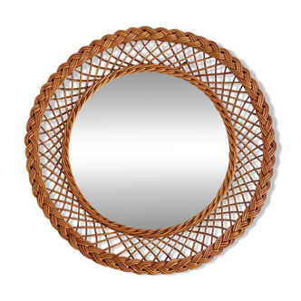 Rustic French Provence Wicker Round Mirror, Organic Modern, Handmade, France