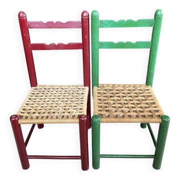 Vintage wooden and rope children's chair pair