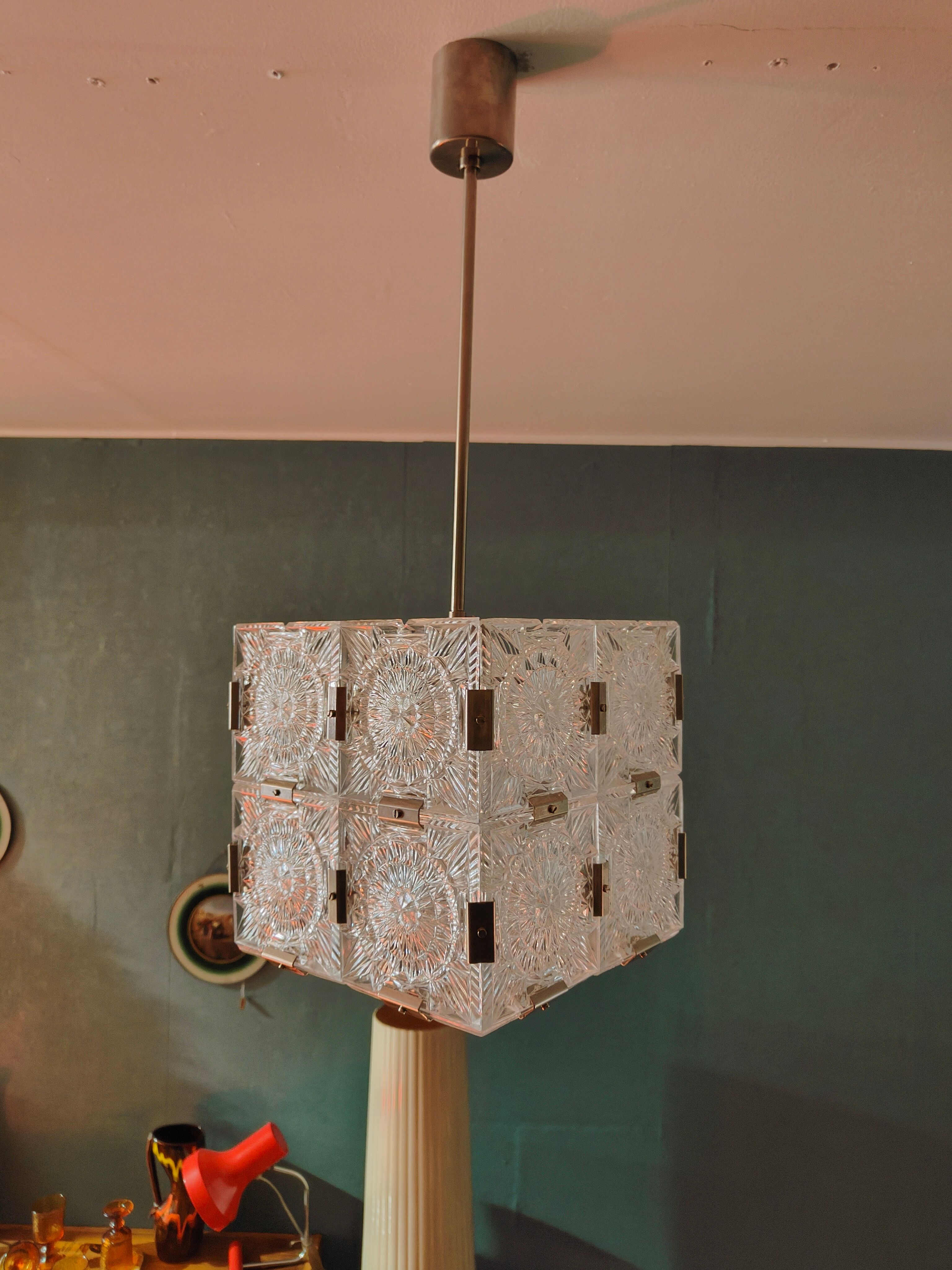 Glass faceted cube chandelier by Jaroslav Bejvl for Kamenicky Senov, year 1968