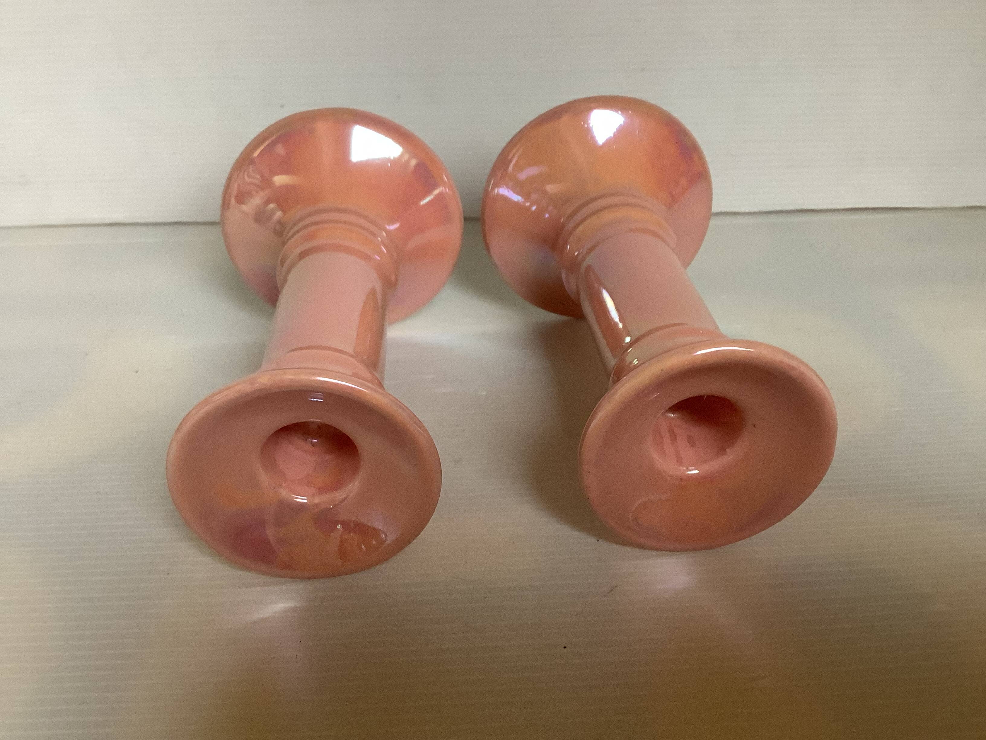 Pair of iridescent pearly pink candlesticks from the 70s
