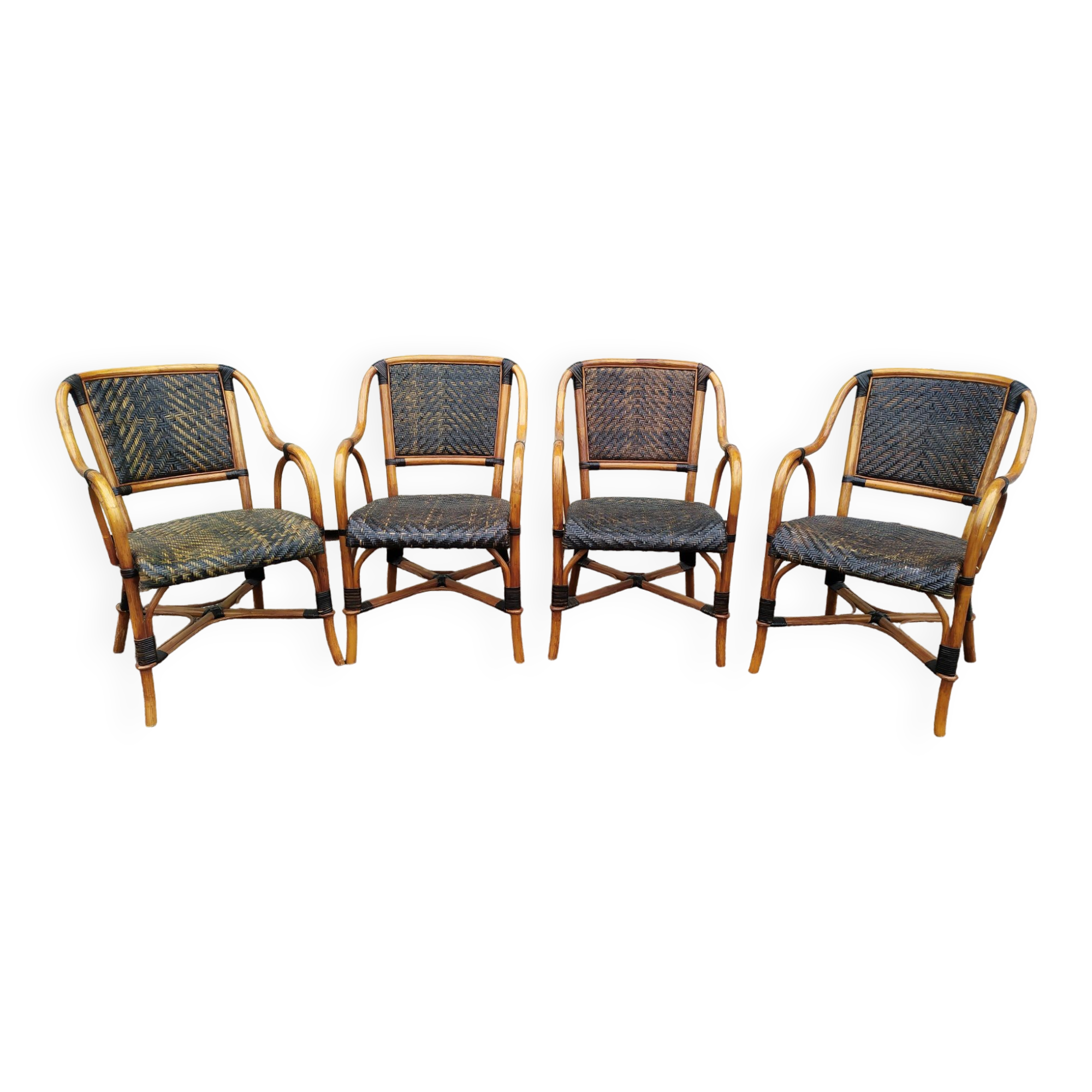 4 Fauteuil Boho chic 2 tons en Rotin, café bistro Vintage