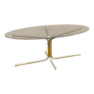 Table basse ovale vintage – chrome & verre fumé, design 70s