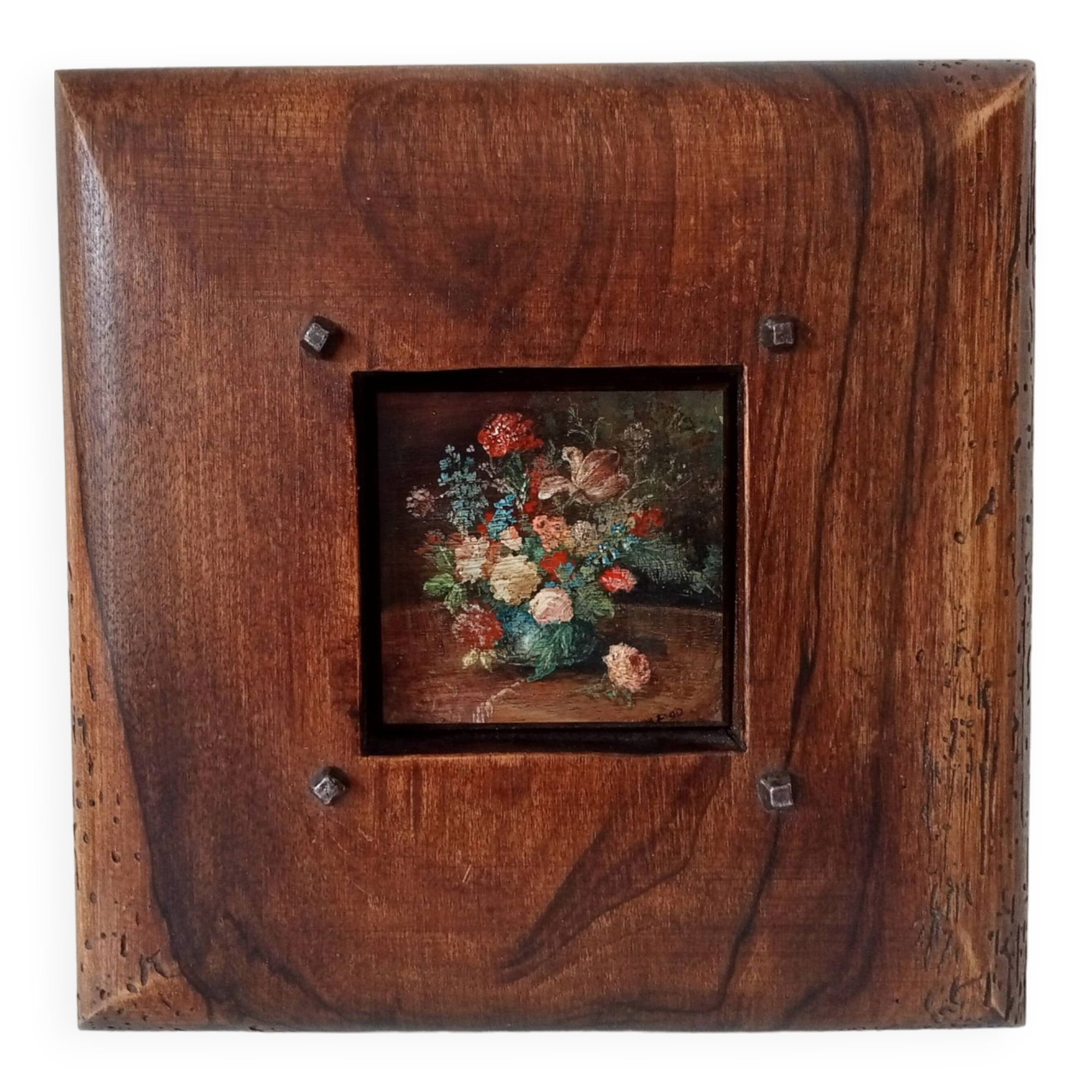 Tableau miniature vintage nature morte huile sur planche