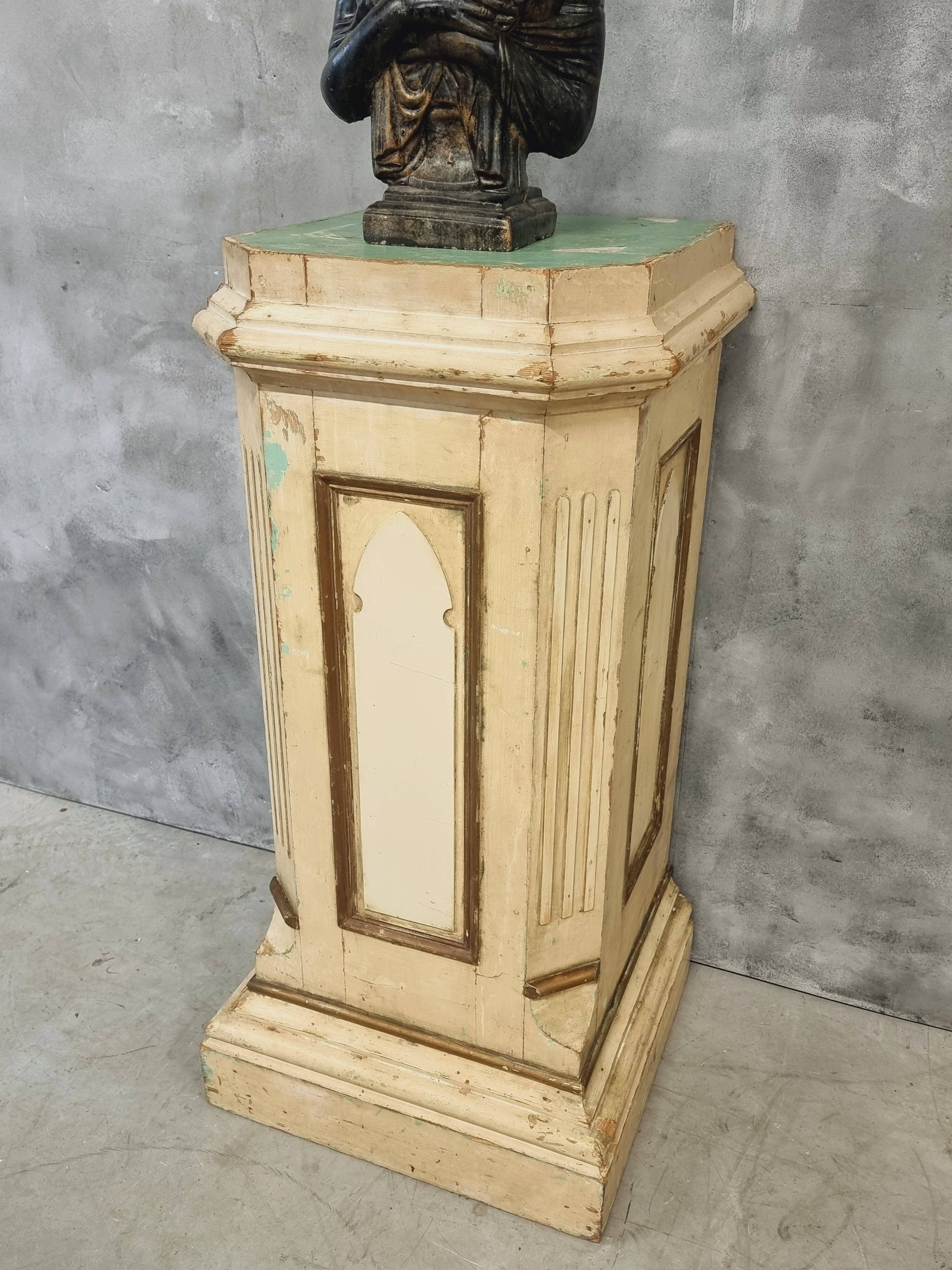 Antique church column on wooden base 135 cm high