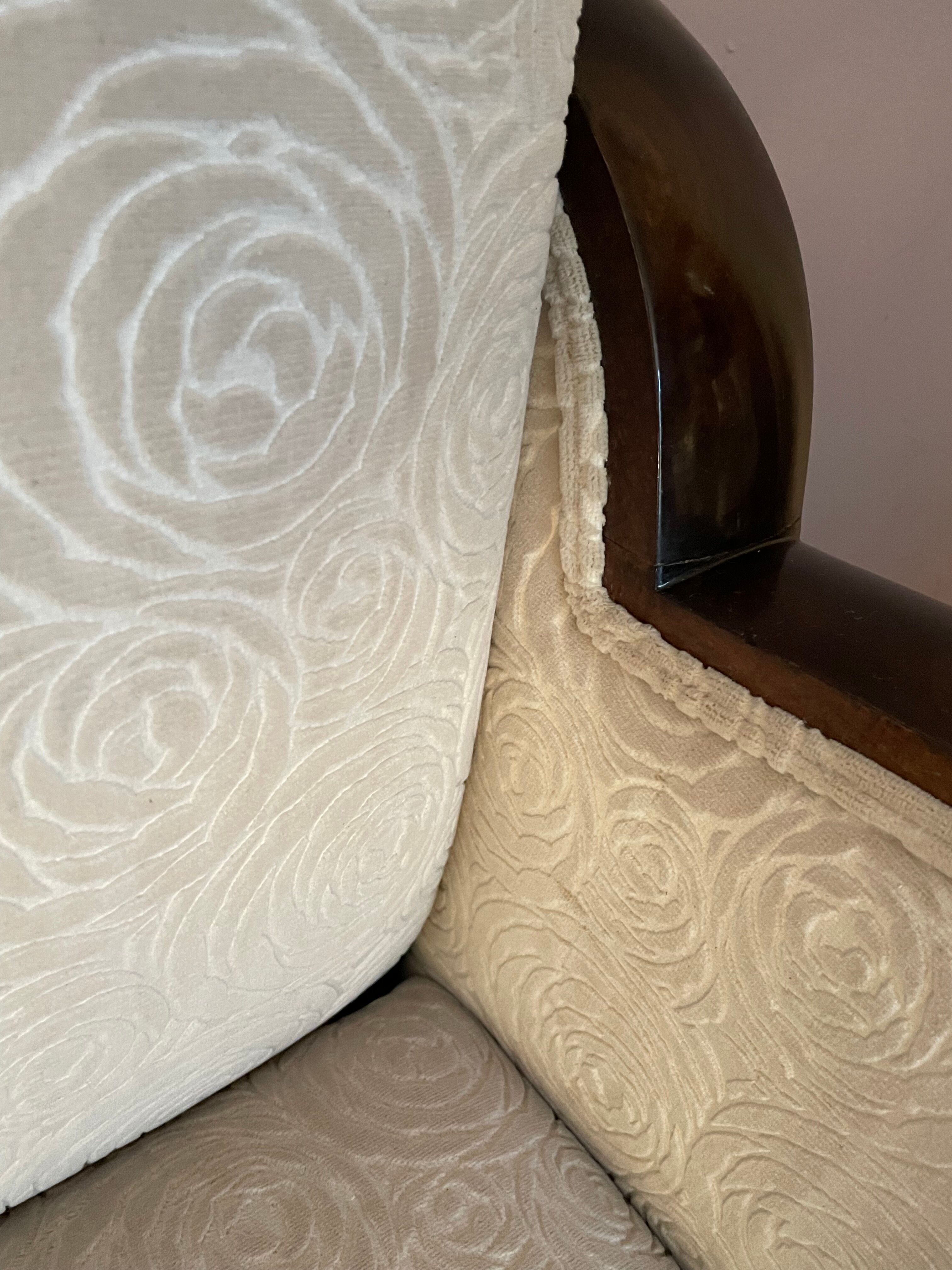 Art-deco convertible armchair in tinted beech and ivory-colored cotton velvet fabric