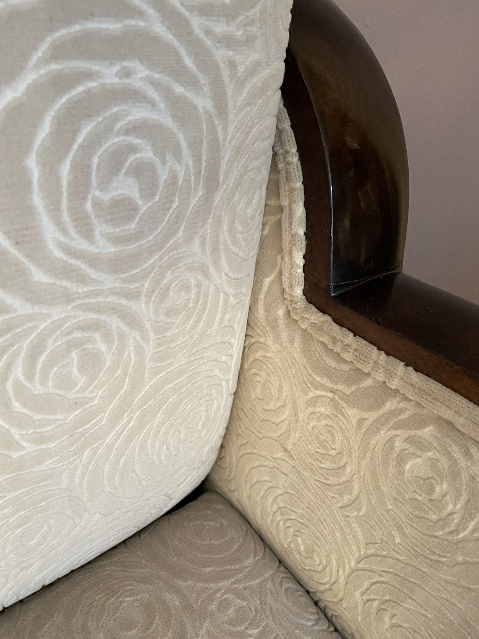 Art-deco convertible armchair in tinted beech and ivory-colored cotton velvet fabric