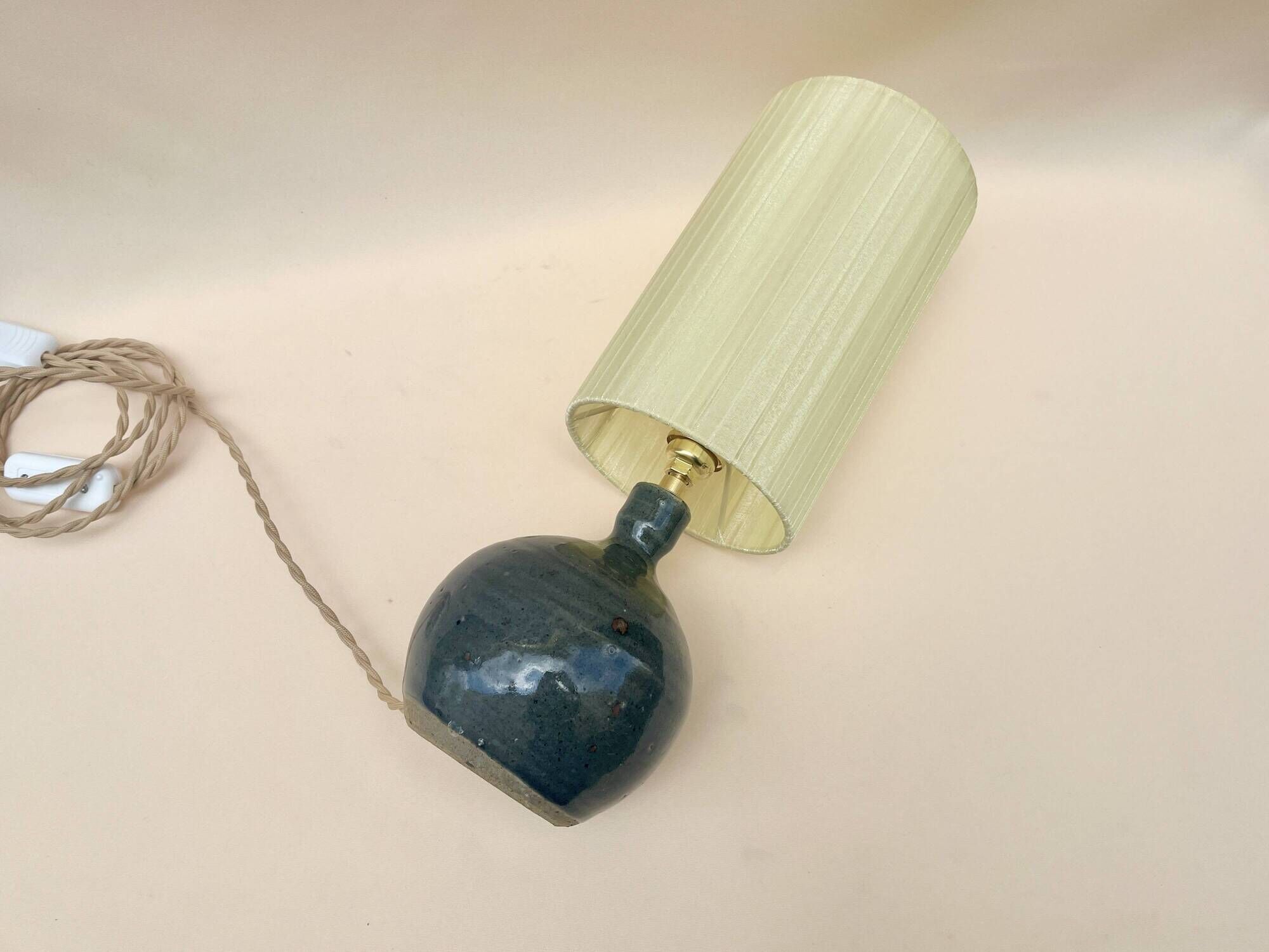 Vintage blue pyrite stoneware lamp 1970s raffia rope lampshade ribbons 70s bohemian