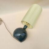 Lampe en grés pyrité bleu vintage 1970 abat-jour corde raphia rubans années 70 bohème
