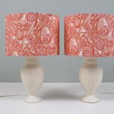 Set of 2 ceramic bedside lamps with paisley pattern shade.
