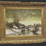 Oil on canvas "Snowy village animated by characters" XX century