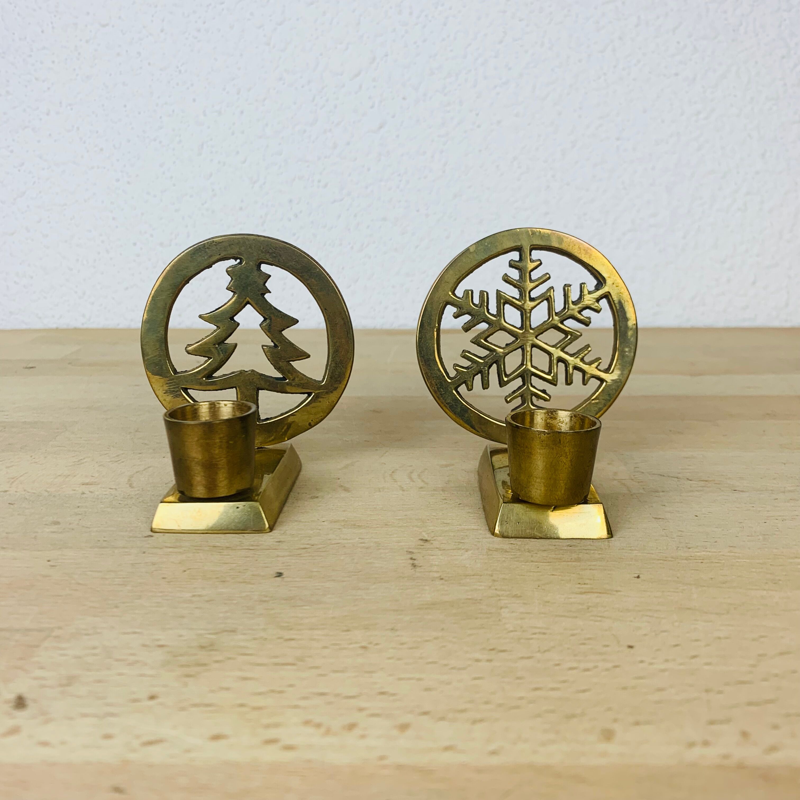 2 brass candlesticks christmas tree and star