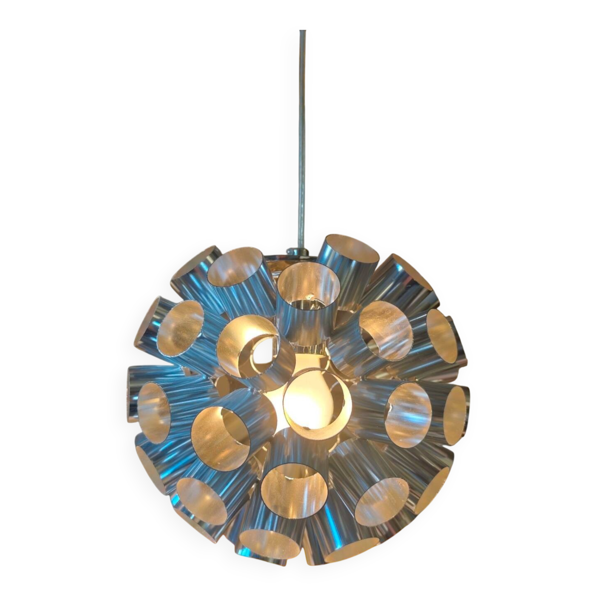 Vintage 1970s Mid-Century Chrome Pendant Lamp - Futuristic Space Age