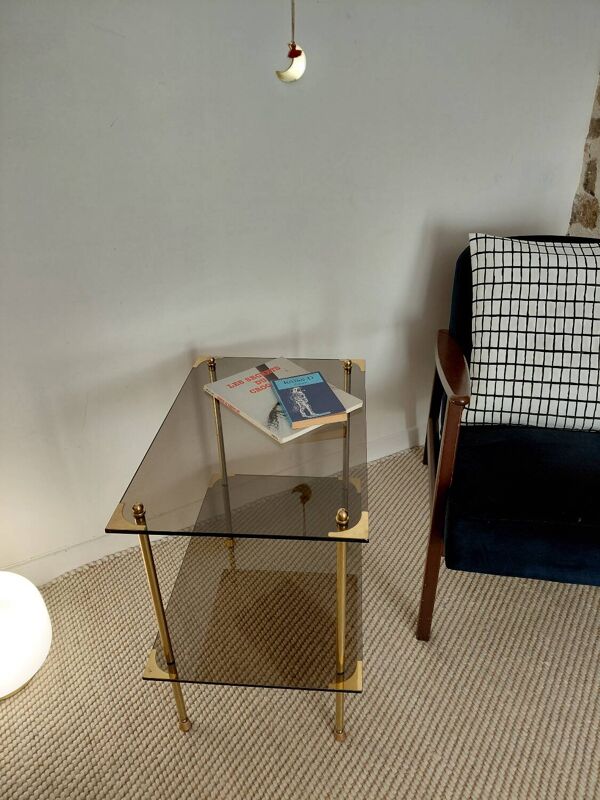 Table moderniste laiton et verre fumé-esprit galerie années 70