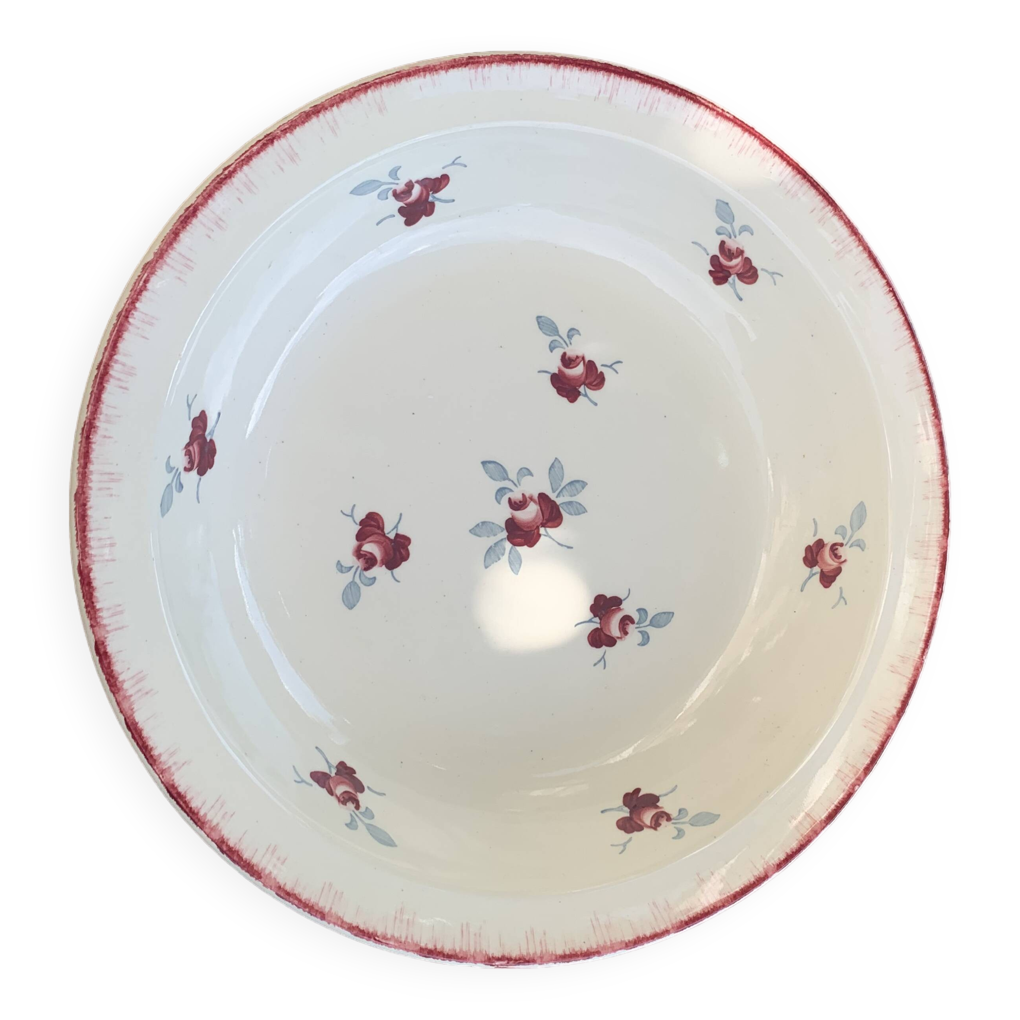 Hollow dish, Senlis model, KG luneville, France, burgundy rose patterns and gray foliage