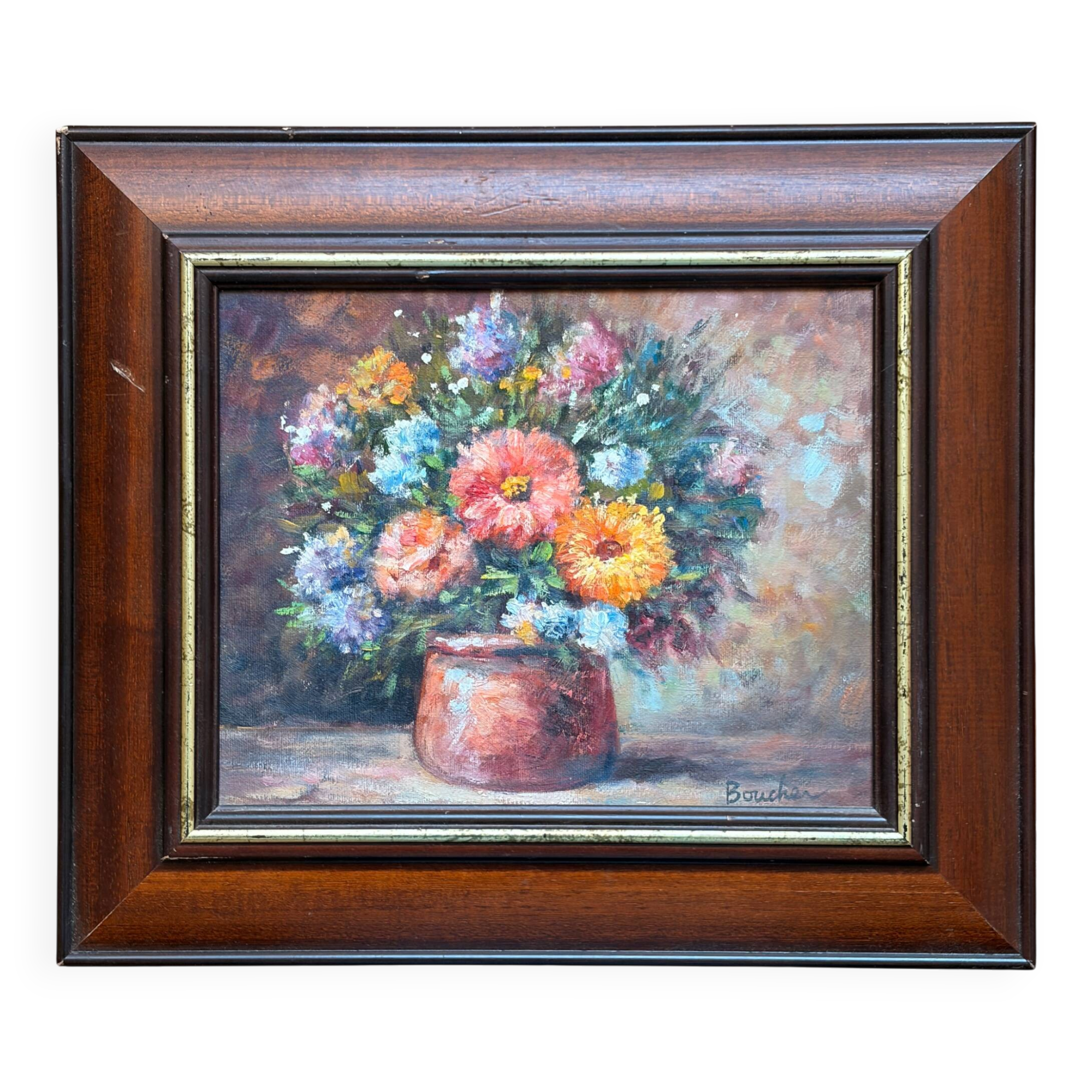 Oil Painting Bouquet of Flowers Impressionist Signed Boucher Wooden Frame