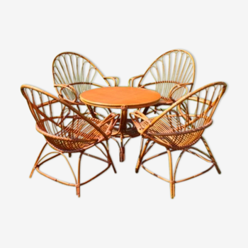 Vintage 4 armchairs and table rattan lounge