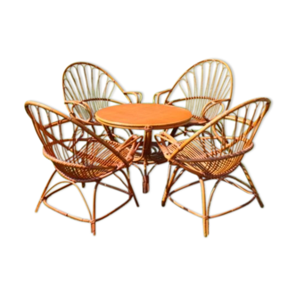Vintage 4 armchairs and table rattan lounge