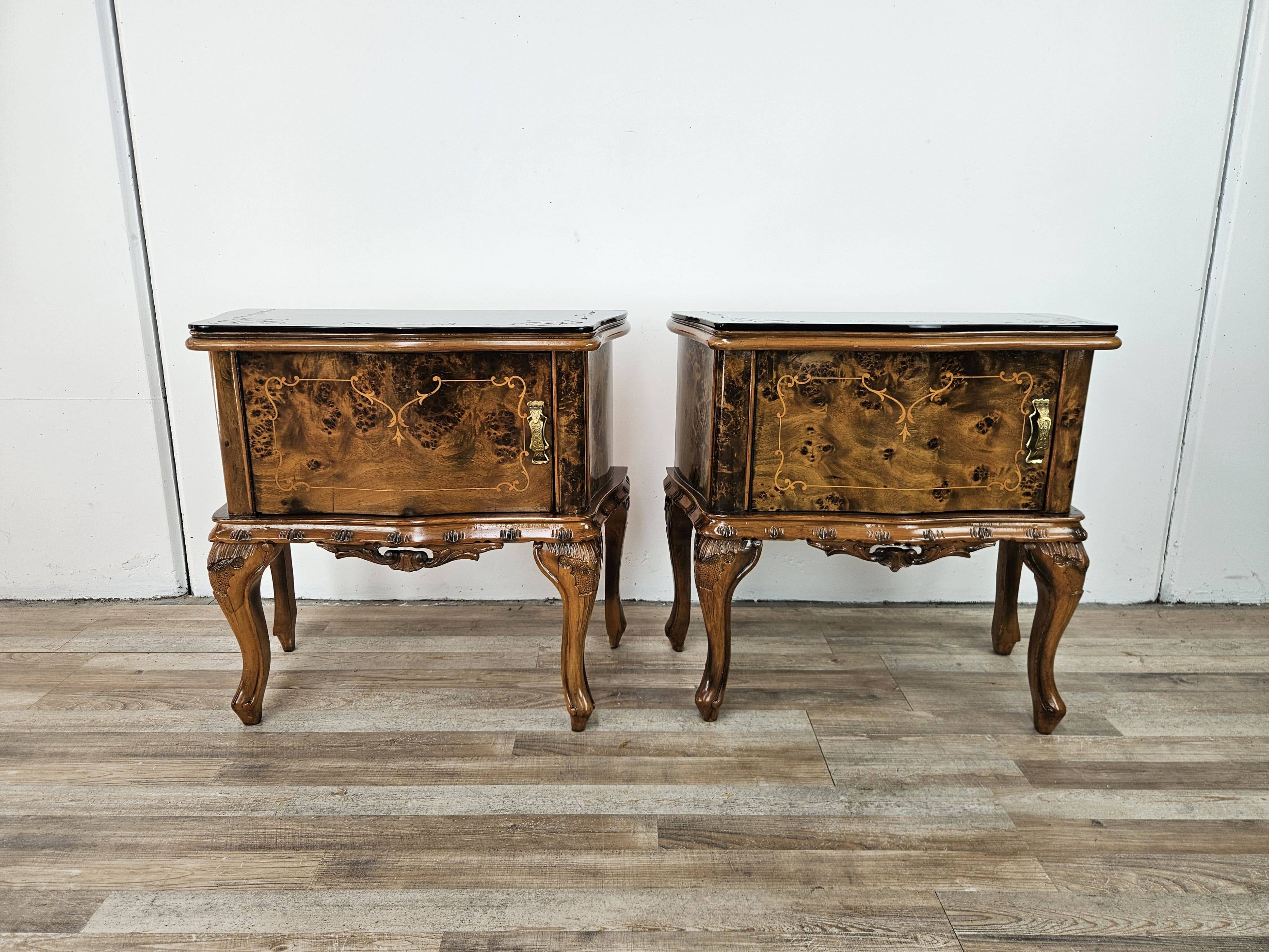 1950s Chippendale bedside tables with black glass