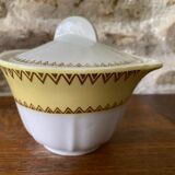 Sugar bowl or candy dish in white earthenware with yellow and gold frieze decoration