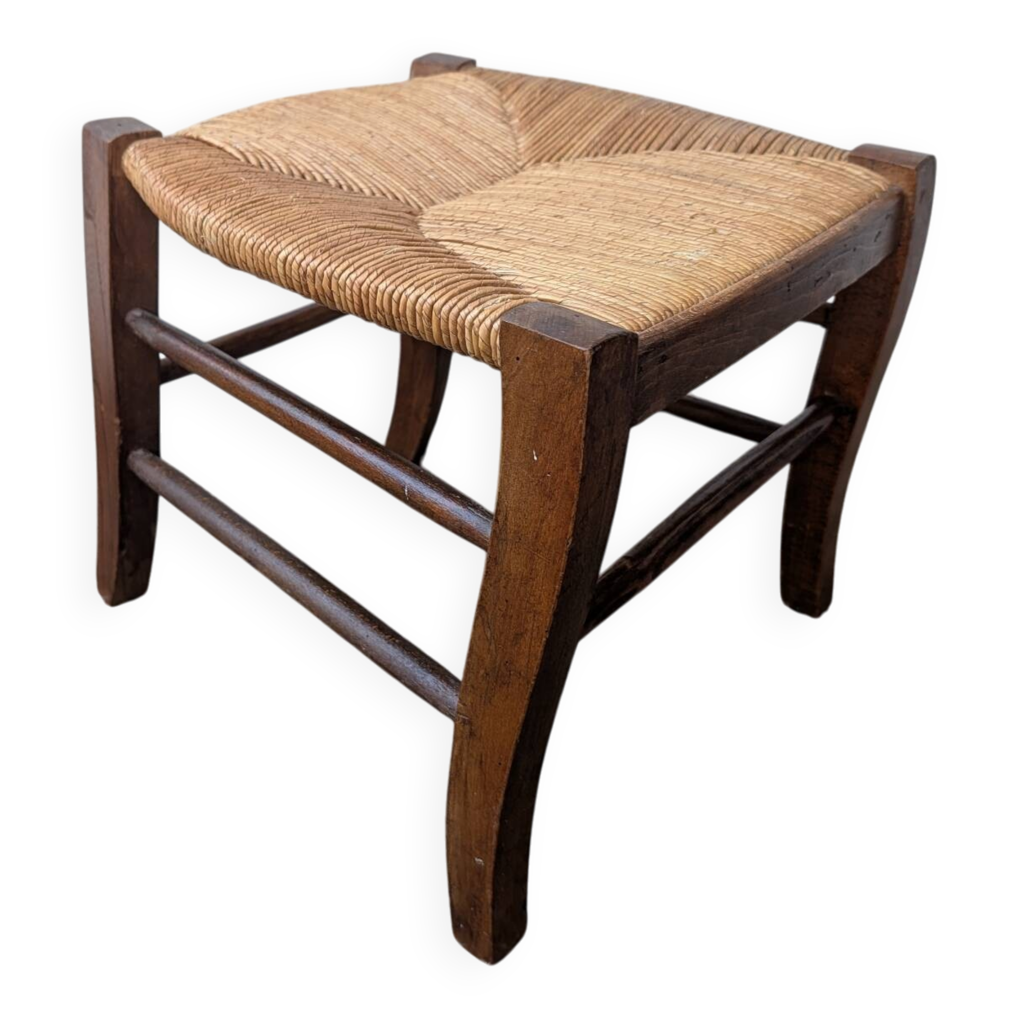 Antique solid wood stool with traditional rush seating – Late 19th century